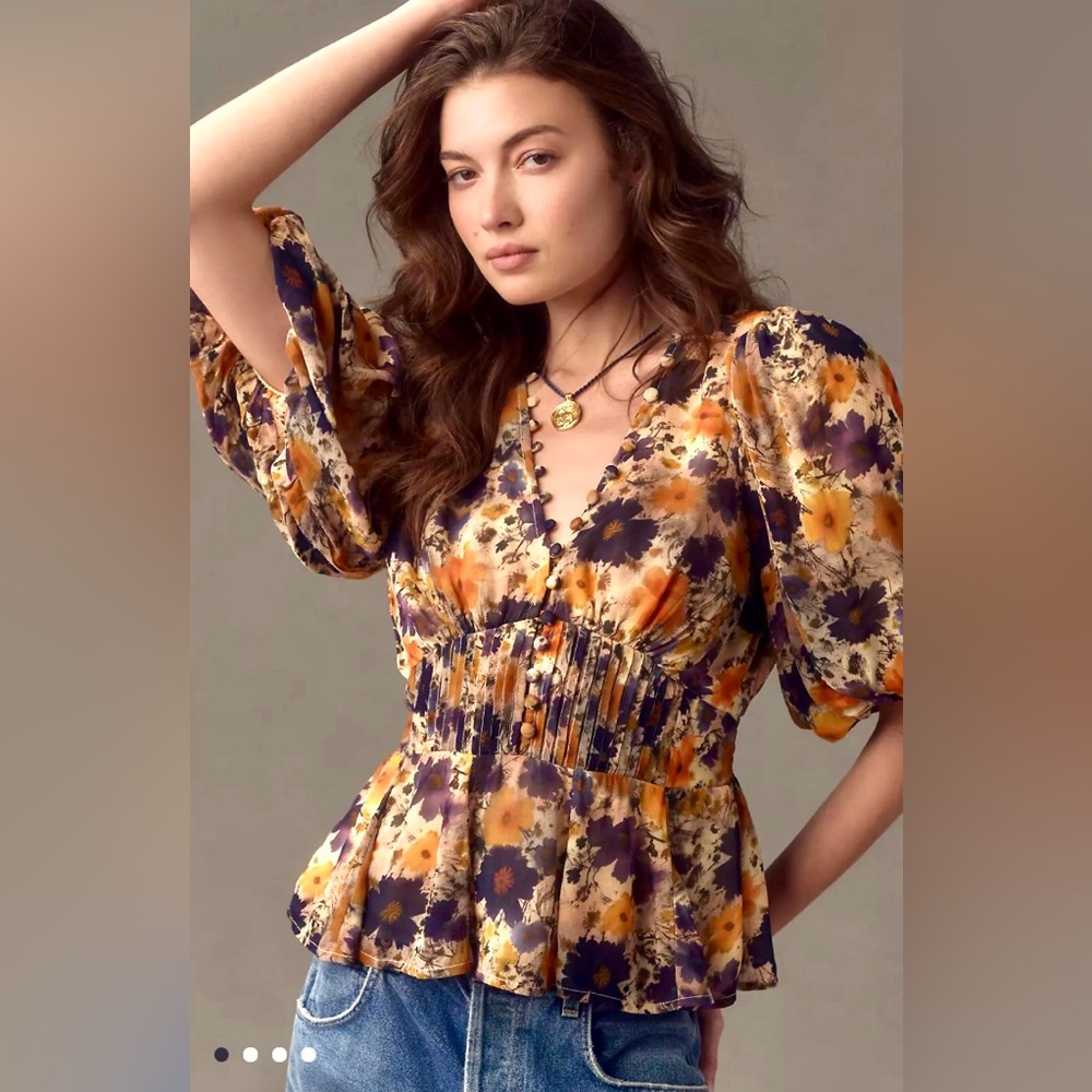 Anthropologie Floral Peplum Blouse in Mustard, Purple, Cream